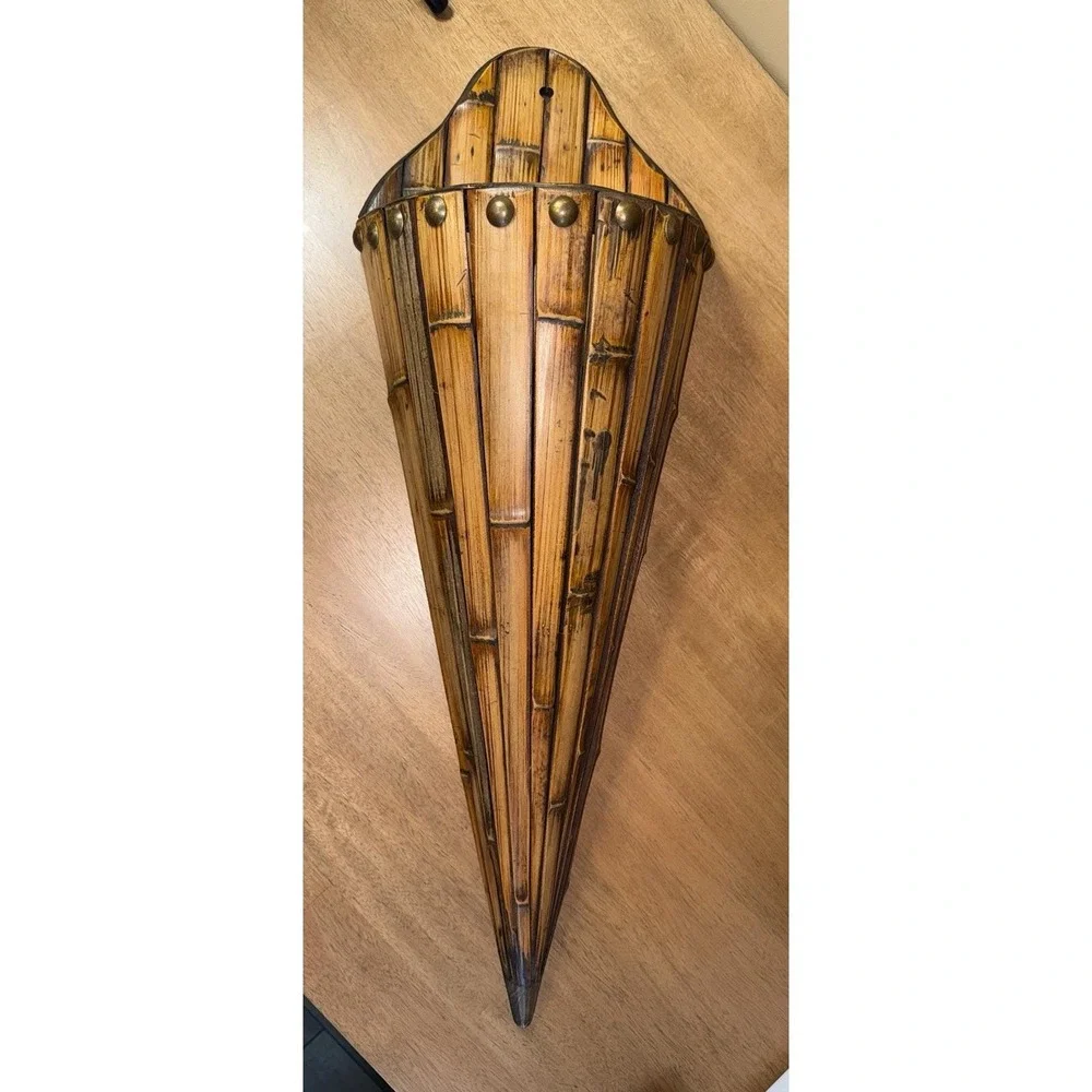Vintage Bamboo Wall Pocket Planter Conical Wood Sconce Tiki MCM 28.5 Inch